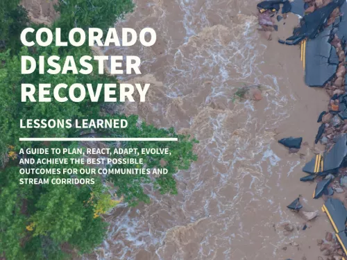 Colorado Disaster Recovery cover image of road destroyed by flooding waters
