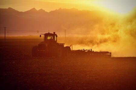 tractor kicking up dust in sunset