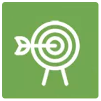 green and white icon with bullseye and arrow in center